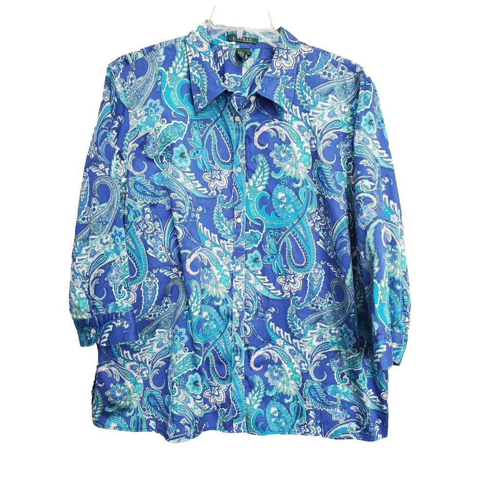 Lauren Ralph Lauren Women's Cotton Blue Paisley Button-Up Shirt Size 3X